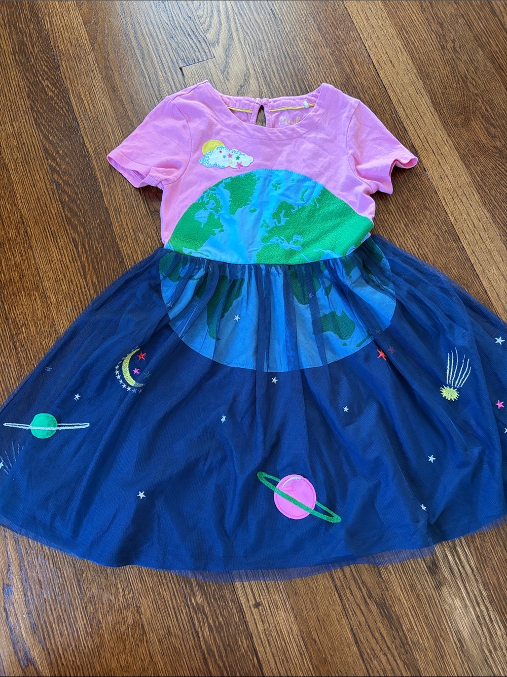 Mini Boden Pink Top Navy Tulle Dress with Earth & Space Motif
